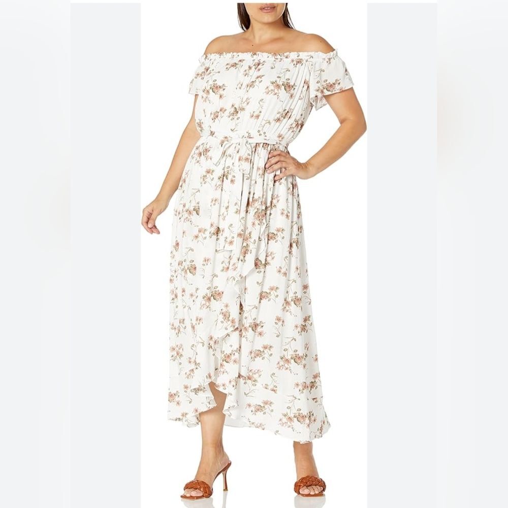 City Chic ditsy floral ruffle off shoulder belted plus size long dress sz 20